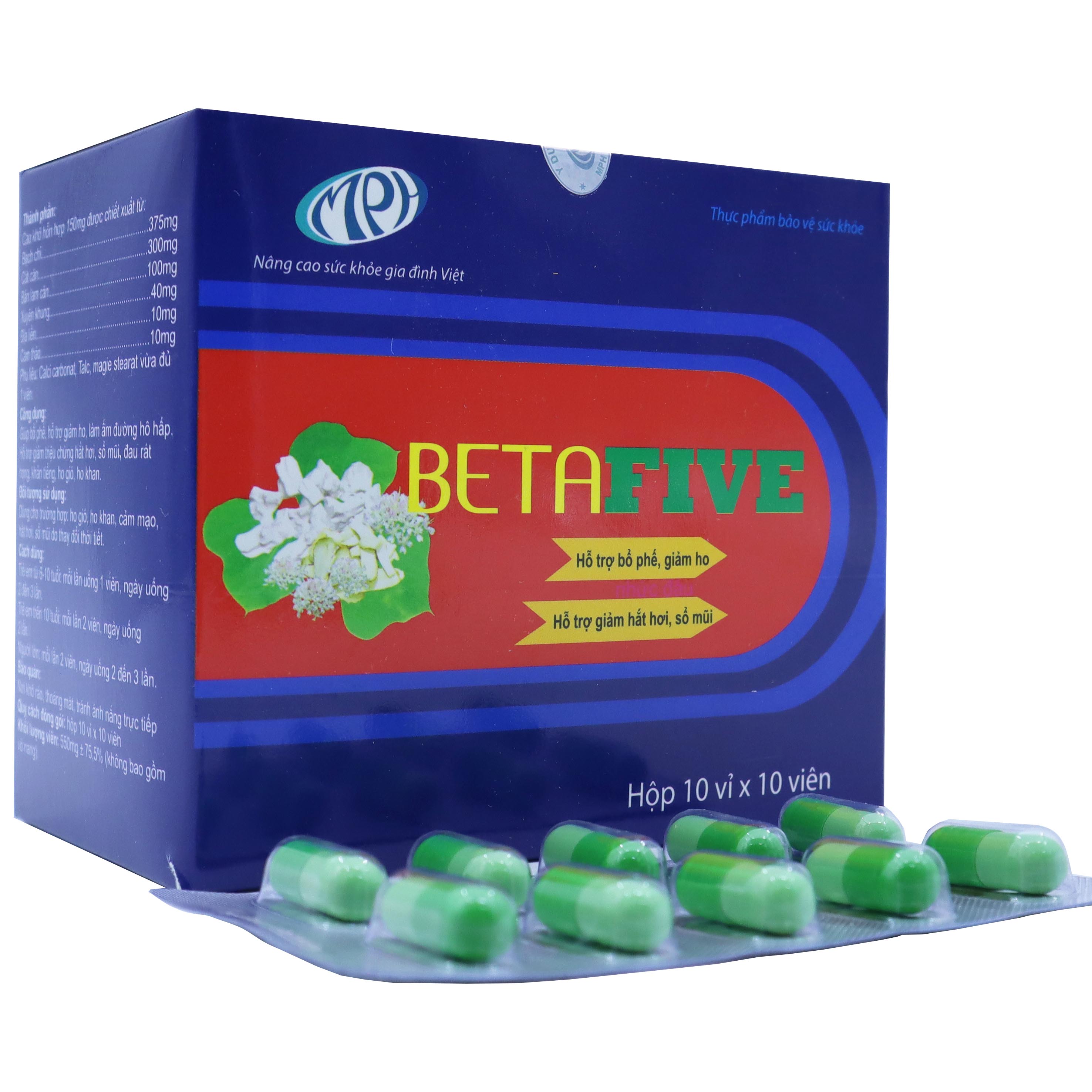 Viên uống cảm cúm Betafive - giúp bổ phế, làm giảm các triệu chứng do hắt hơi, sổ mũi, ho, đau rát họng do cảm. Hộp 100 viên. SP Chính hãng, được Sở Y Tế cấp phép