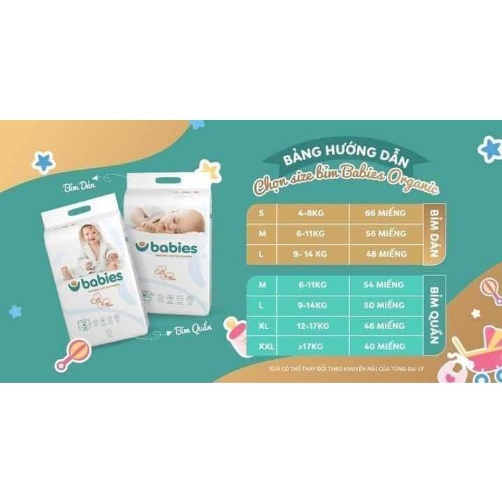 Combo 4 bịch Bỉm tã BABIES ORGANIC an toàn cho bé [Dán S66/M56/L46] [Quần M54/L50/XL46/XXL40