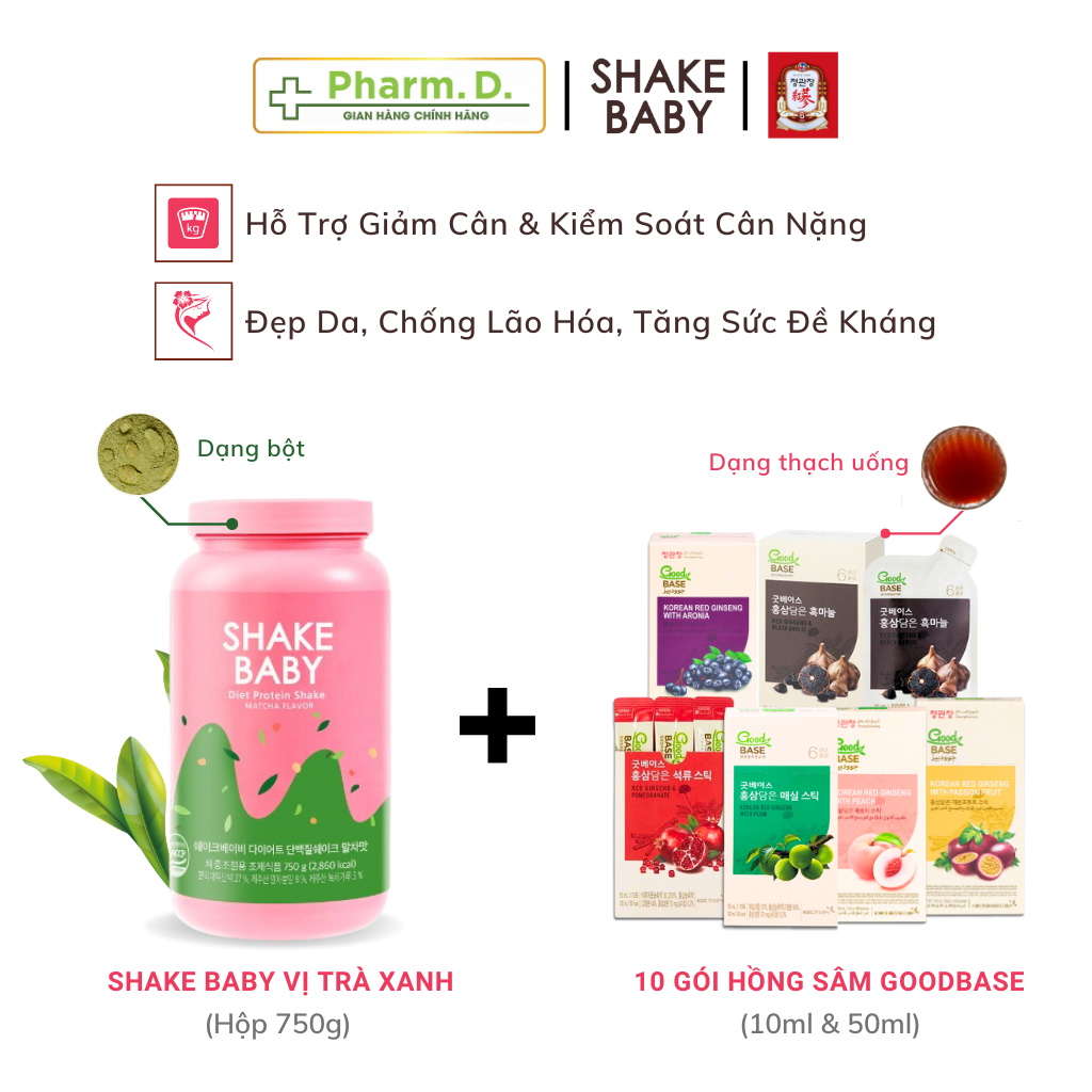 Combo Bột Ngũ Cốc SHAKE BABY 750g + 10 Gói Hồng Sâm Goodbase KGC Hỗ Trợ Giảm Cân, Làm Đẹp Da