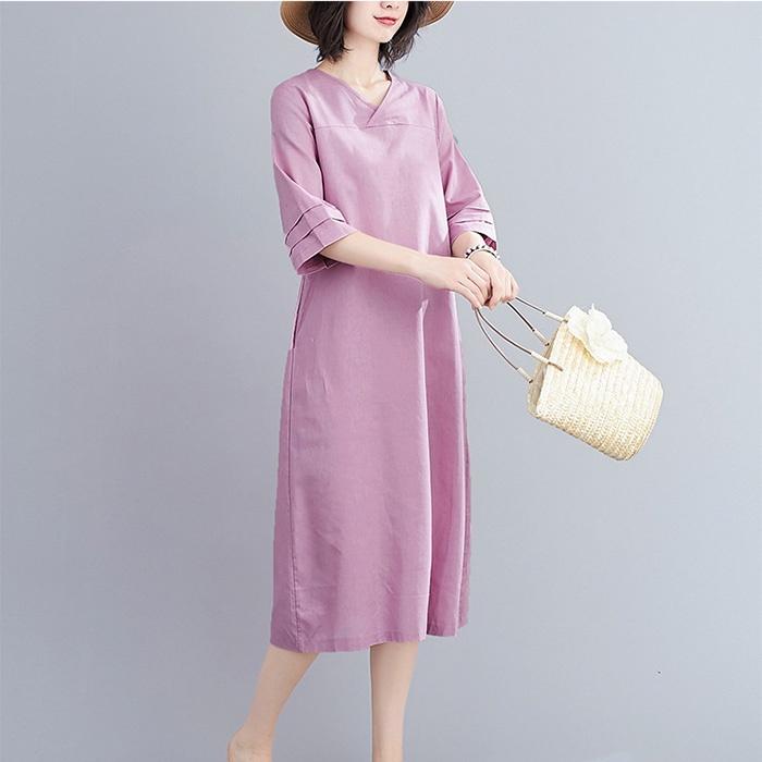 Đầm suông linen cổ tim chồng tay lỡ, thời trang hè thu - Tím nhạt