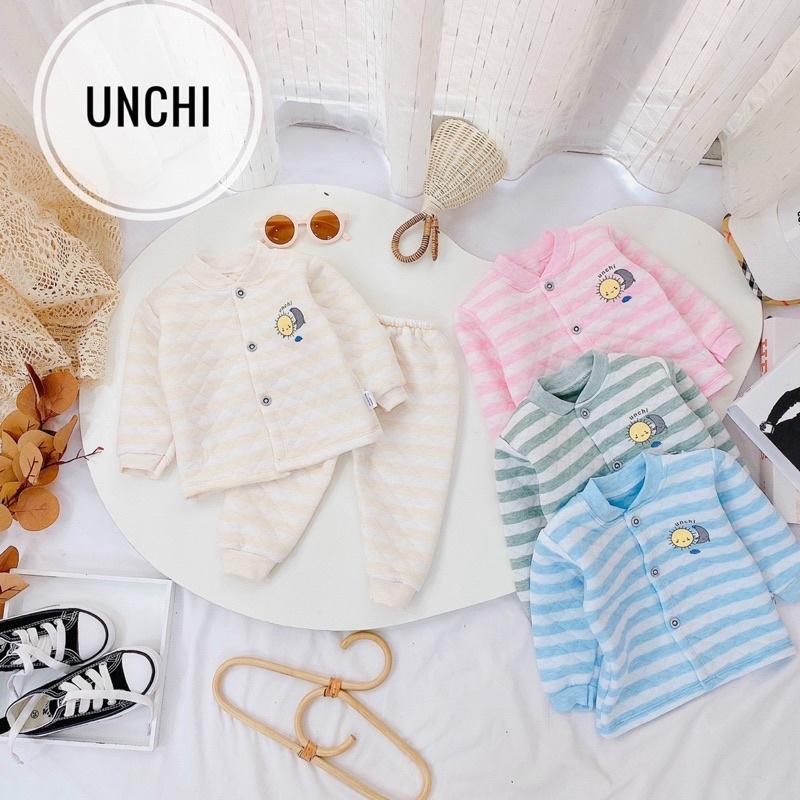 Bộ dài tay nỉ xốp cao cấp UNCHI cho bé cúc giữa, Bộ dài tay thu đông cho bé