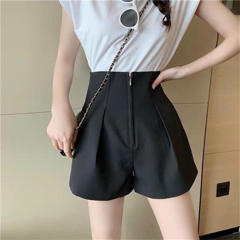 Quần short nữ lưng cao, cạp cao liền khóa trước (khóa đồng giữa