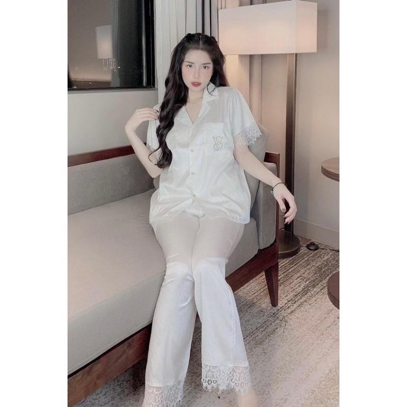 Bộ đồ ngủ chữ VS, Bộ đồ pizama mặc nhà Tay Cộc Quần Dài Lụa Xước Phối Ren cao cấp HHC Store