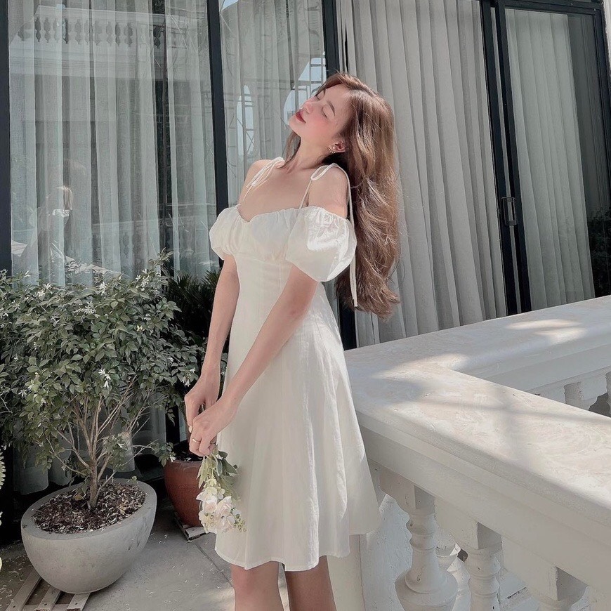 Đầm xòe nhún ngực 2 dây cột nơ tay phồng có 3 màu, 3 size lựa chọn