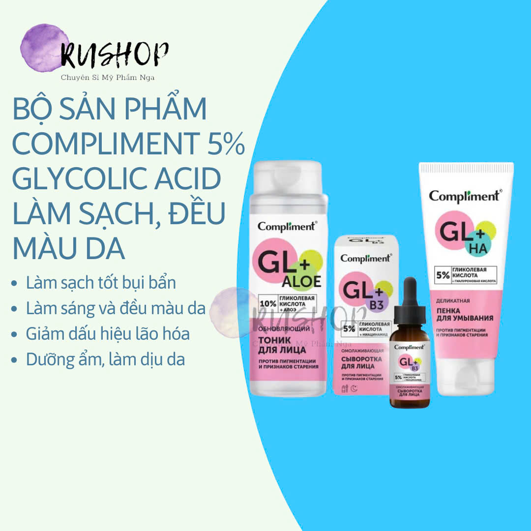 Bộ sản phẩm Compliment 5% Glycolic Acid làm sạch, sáng đều màu da, căng bóng