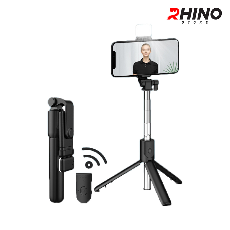 Gậy chụp ảnh cầm tay, kệ đỡ điện thoại 3 chân Rhino KP101 kèm bóng đèn LED với 6 thanh inox dài - Hàng chính hãng