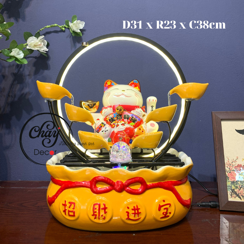 Thác Nước Phong Thủy, Đài Thưởng Trầm Phun Nước Mèo Thần Tài, May Mắn Kèm Đèn Led Cao Cấp