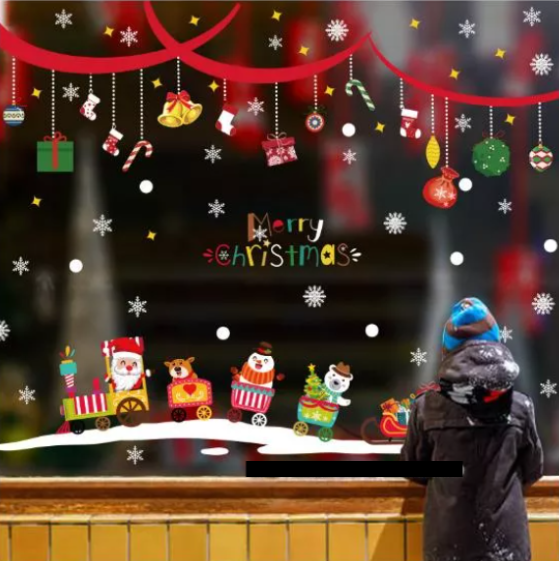 Decal trang trí dán tường - rèm đỏ noel và đoàn tàu nhí đáng yêu