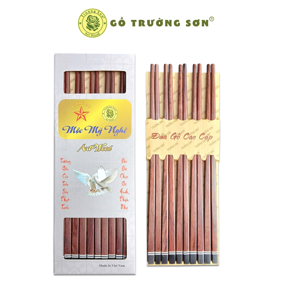 Đũa Gỗ Cao Cấp - Đũa Gỗ Cẩm Lai Ghép Đầu Đen - Đồ Gỗ Nhà Bếp Thương Hiệu Trường Sơn (10 Đôi / Hộp)