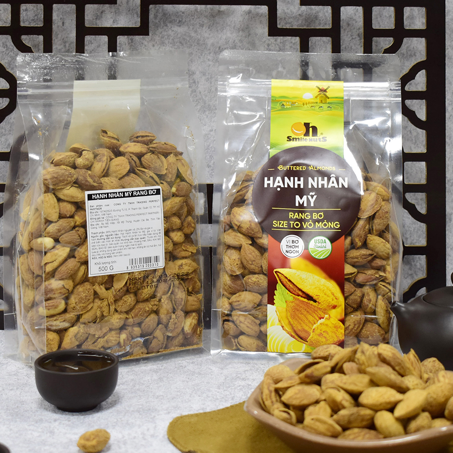 Hạt Hạnh Nhân Mỹ còn vỏ Rang bơ Smilenuts _ Trọng lượng 215g/350g/500g _ Hạnh nhân Mỹ nguyên vỏ size lớn, vỏ mỏng, rang bơ thơm ngọt, béo bùi _ Hạnh nhân Mỹ rang bơ cao cấp theo tiêu chuẩn  Mỹ