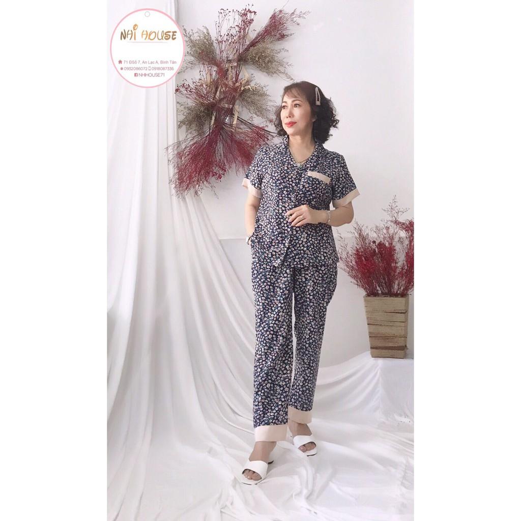 Đồ bộ trung niên NHIHUOSE71 pijama lụa Hàn họa tiết tay ngắn có túi 50-65 kg