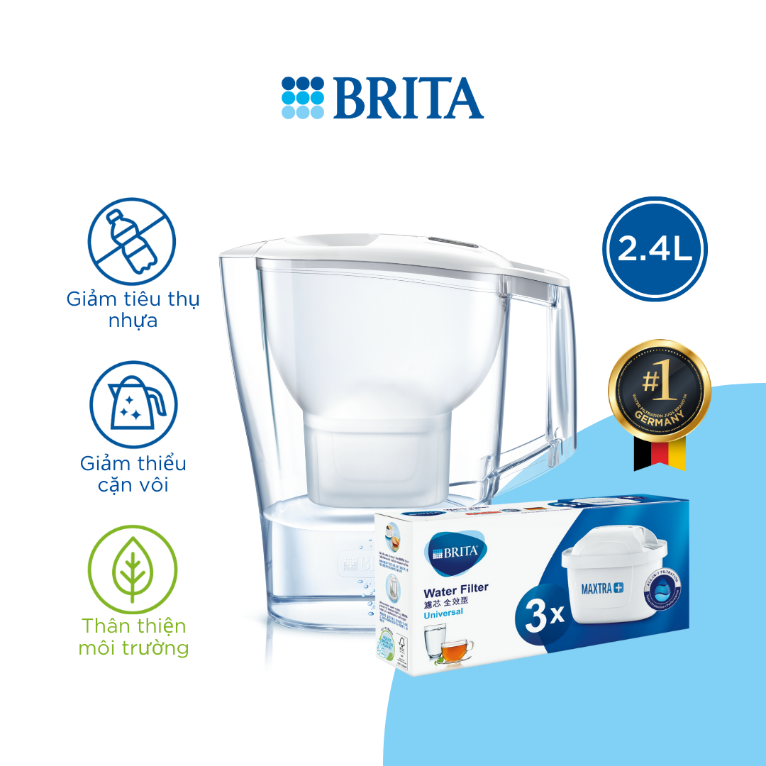 Combo Bình lọc nước BRITA Aluna Cool White 2.4L kèm Hộp 3 lõi lọc BRITA Maxtra Plus - Hàng Chính Hãng