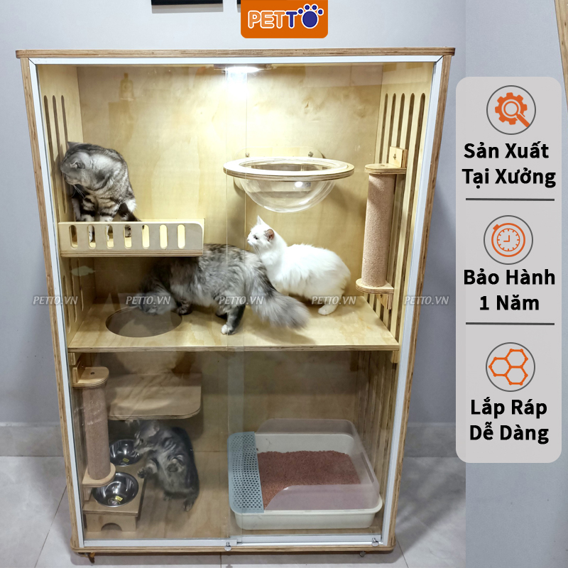 Tủ GỖ nuôi mèo 2 tầng Nhà mèo khép kín SANG TRỌNG cửa lùa trong suốt mang lại không gian sống tiện nghi cho mèo CC044