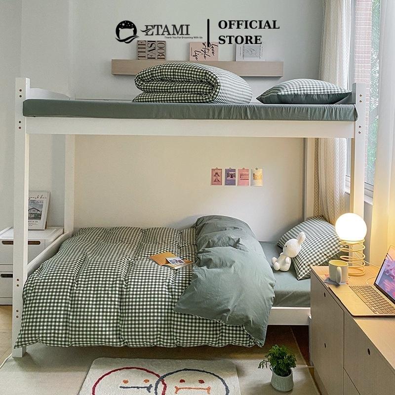 Bộ chăn ga gối đệm cao cấp cotton poly kẻ xanh cute miễn phí bo chun drap giường , ga trải giường P13