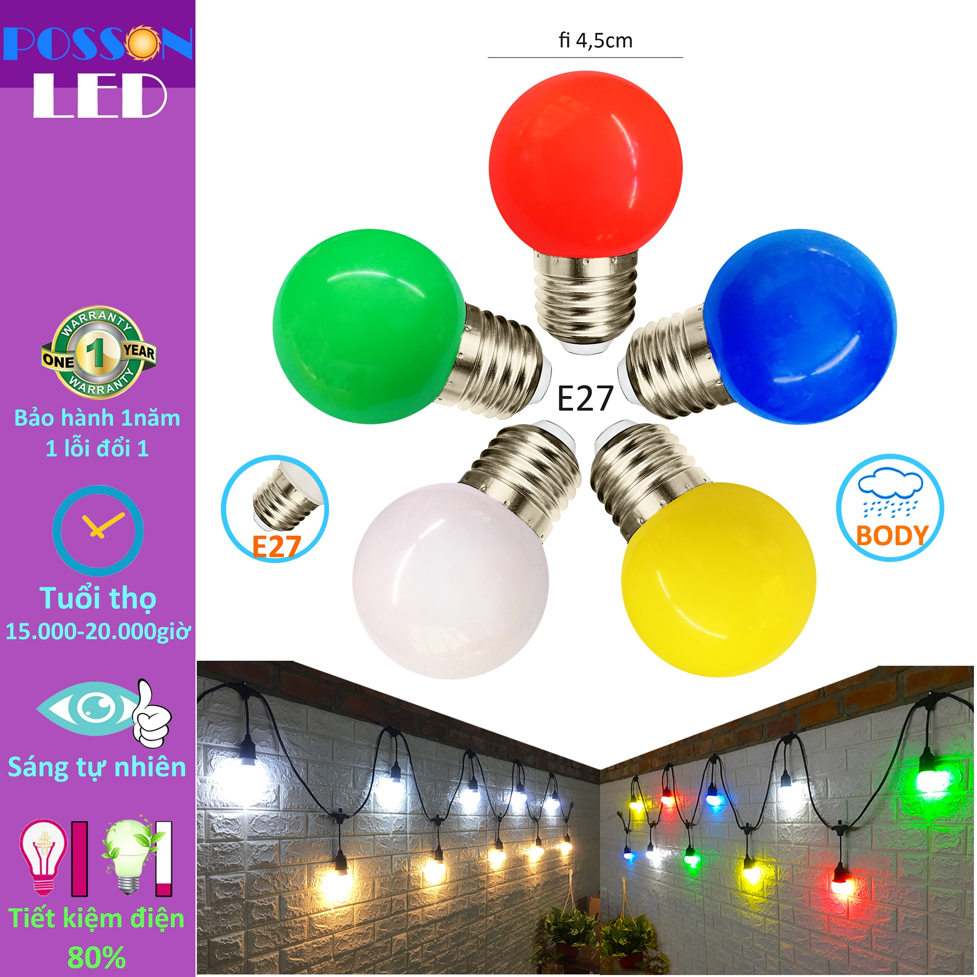Sỉ 100 Bóng đèn Led 1w quả trái chanh bup tròn đuôi E27 màu sắc tùy chọn trang trí ngoài trời AC220V Posson LL-x