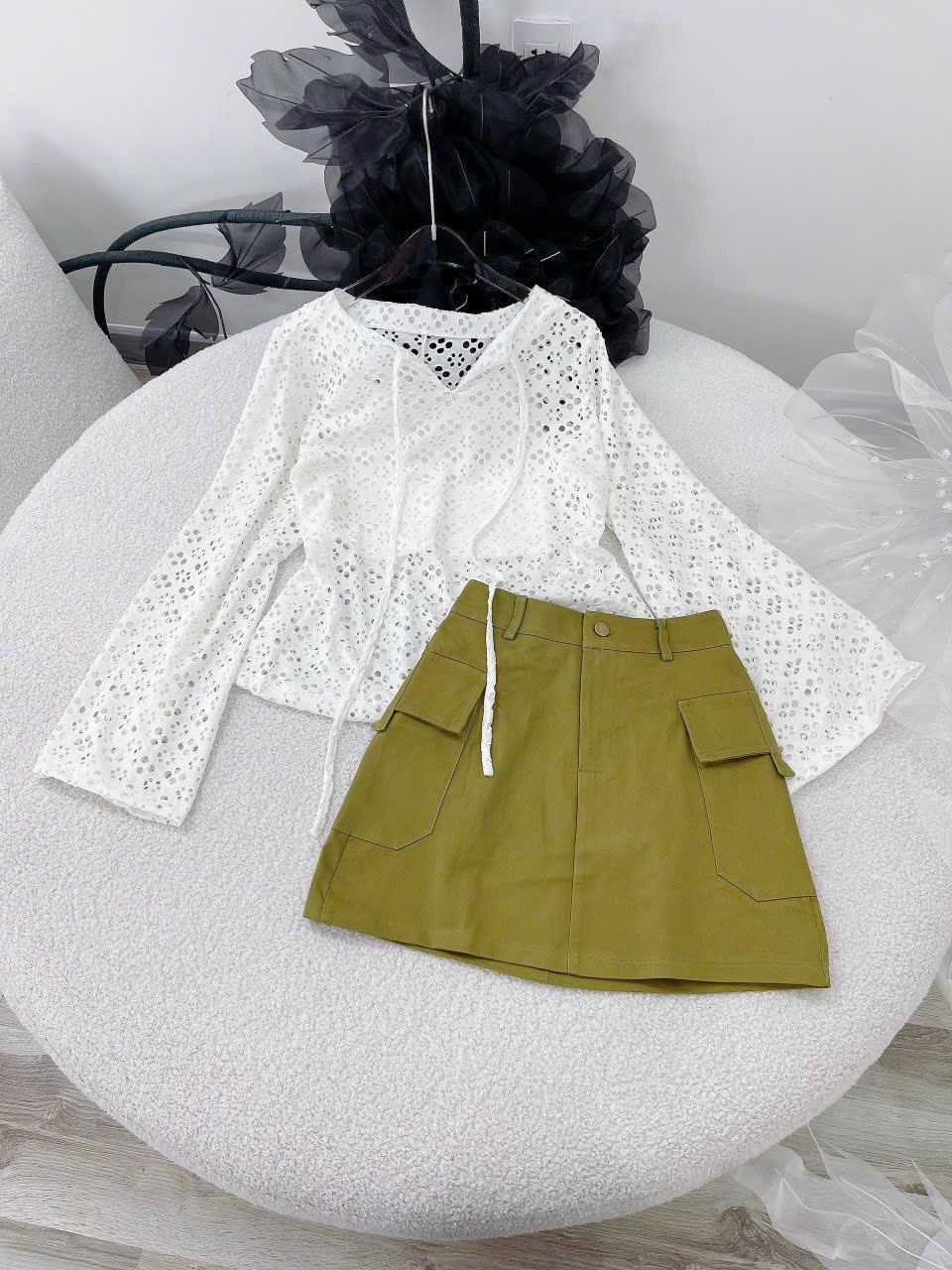 ĐẦM SET CHÂN VÁY NGẮN LƯNG CAO TÚI HỘP + ÁO LƯỚI TAY LOE DẠO PHỐ ĐI BIỂN DỰ TIỆC