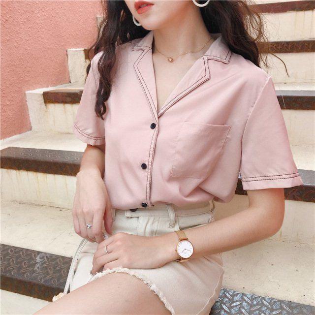 Áo Sơ Mi Nữ Form Rộng Cổ Vest YURITA Tay Ngắn Kiểu Công Sở, Phong Cách Hàn Quốc Viền Cổ Freesize
