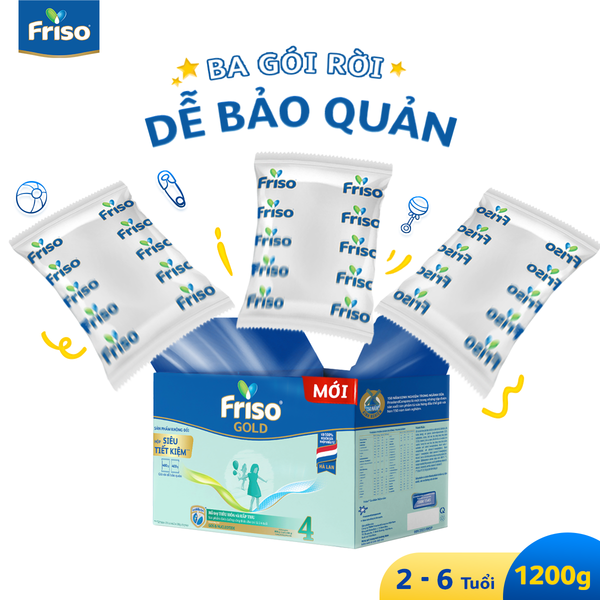 [MUA 2 GIẢM 250K] Combo 2 Hộp Sữa Bột Friso Gold 4 Hộp Giấy 1200G/hộp (Dành cho trẻ 2 - 6 tuổi) + Tặng Máy xay cầm tay