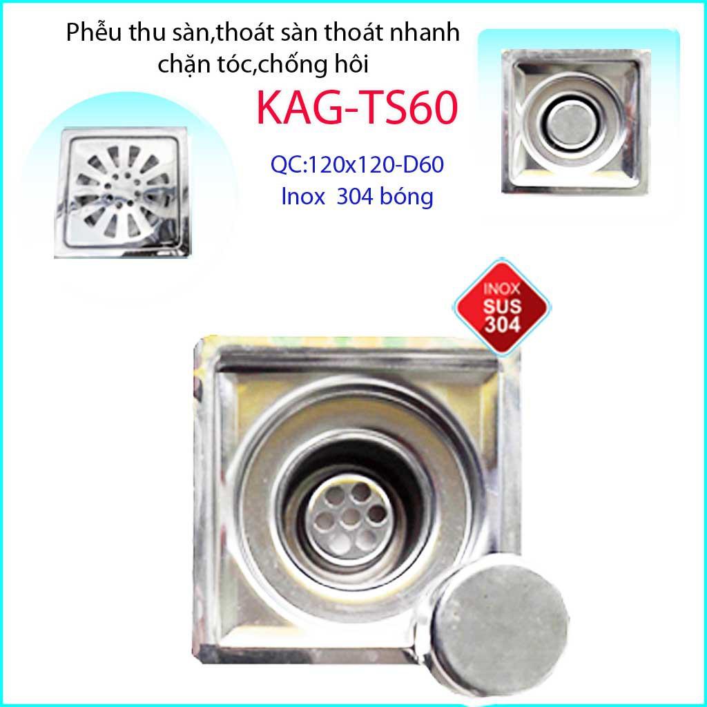Phễu thoát sàn 12x12cm KAG-TS60 chống mùi hôi inox 304, hố ga thoát sàn 12x12cm cho ống D60mm mặt hoa cúc