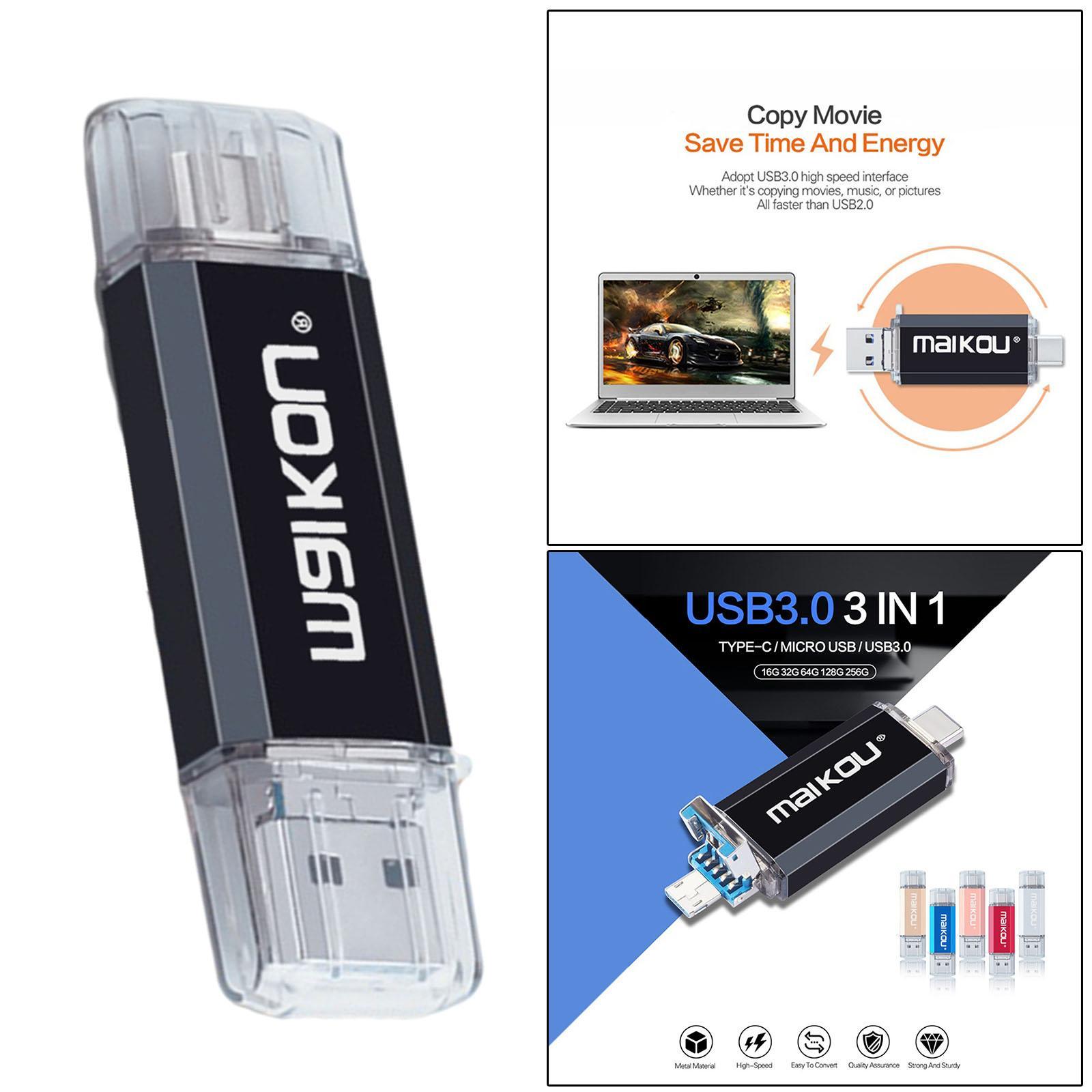 Portable 3 in 1 64GB USB3.0 Flash Drive Type- USB Memory Stick Black