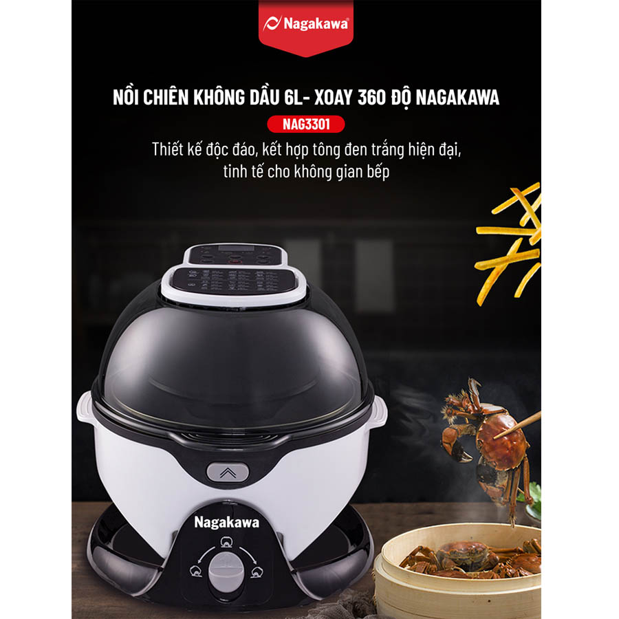 Nồi Chiên Đa Năng Đảo Chiều 360 độ Nagakawa NAG3301 (6 Lít) - Hàng chính hãng