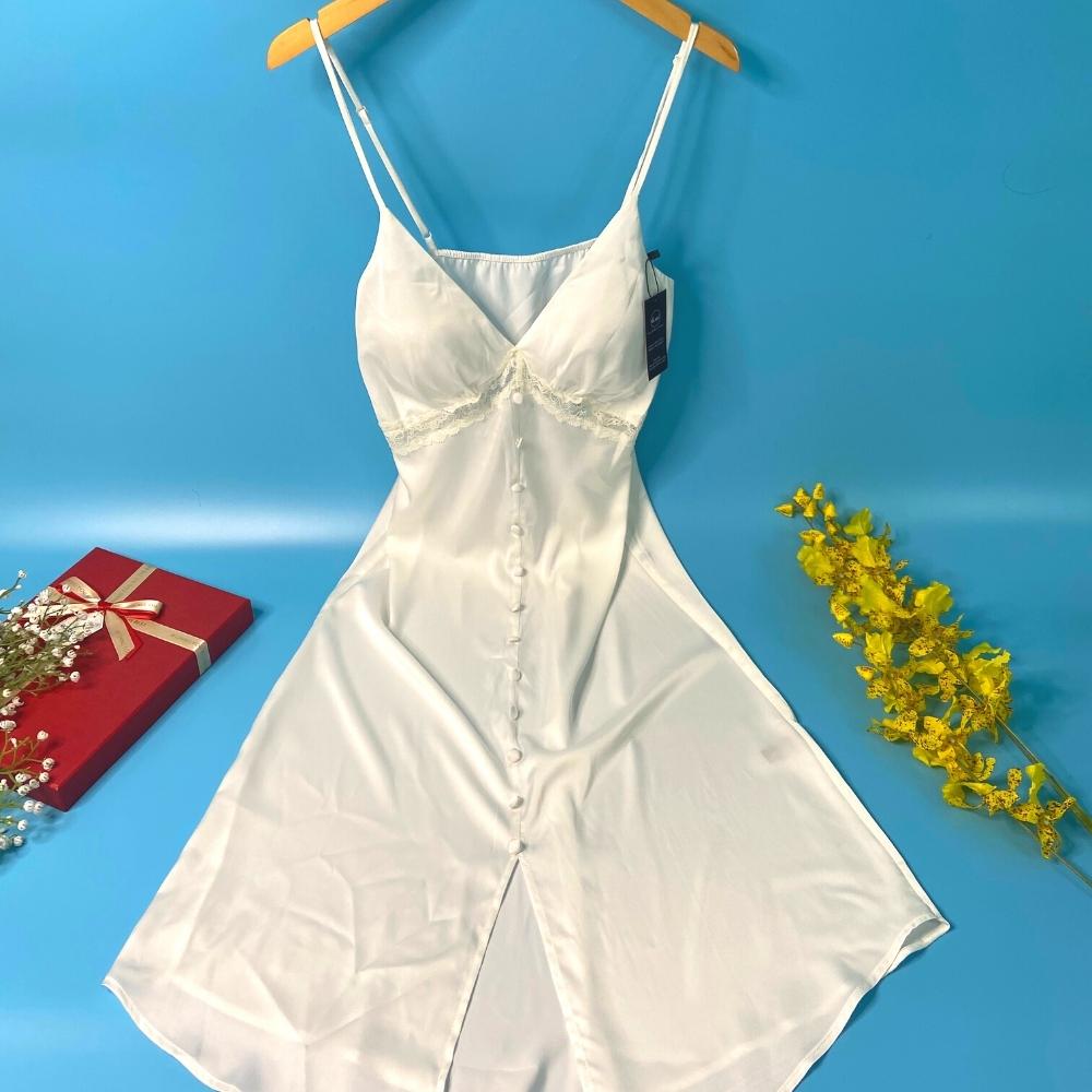 Váy ngủ nữ, váy 2 dây lụa mềm quyến rũ VILADY - V121 thiết kế siêu sang màu Trắng gạo, chất liệu lụa Pháp cao cấp