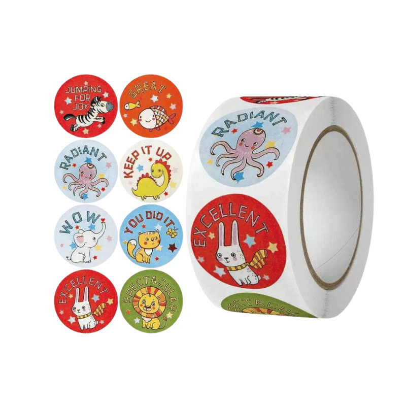 Set 11 Cuộn Sticker Khen Thưởng Đáng Yêu – Tem Dán Mặt Cười, Động Vật, Cảm Ơn, Động Viên Cho Bé