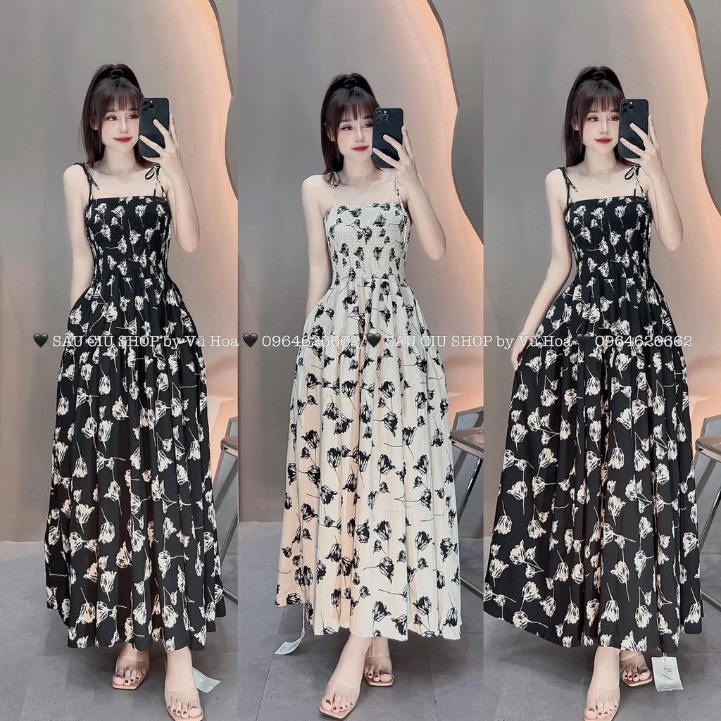 VÁY ĐI CHƠI, VÁY MAXI CHUN HOA 2S DÁNG DÀI XÒE CỰC XINH IU - Black