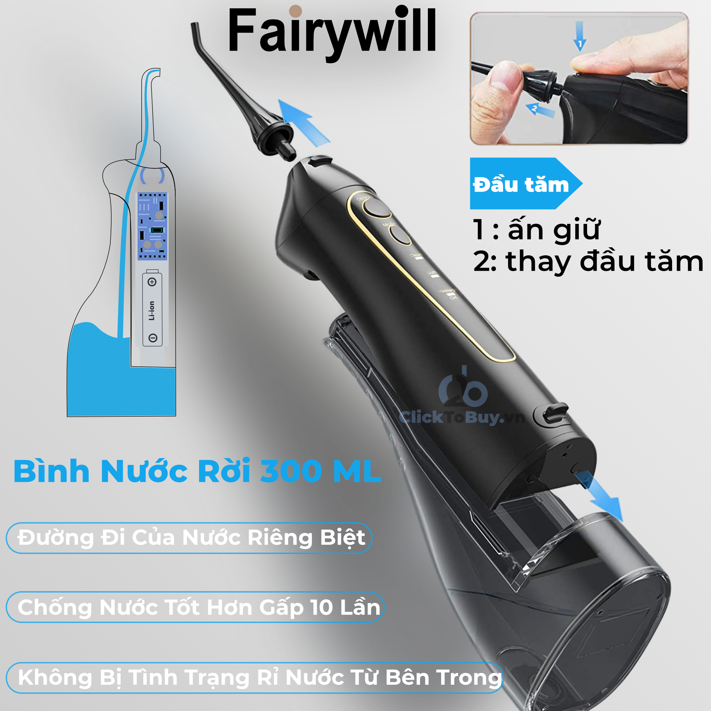Máy tăm nước cầm tay Fairywill F30, phiên bản nâng cấp với sạc Type C và lõi lọc nước