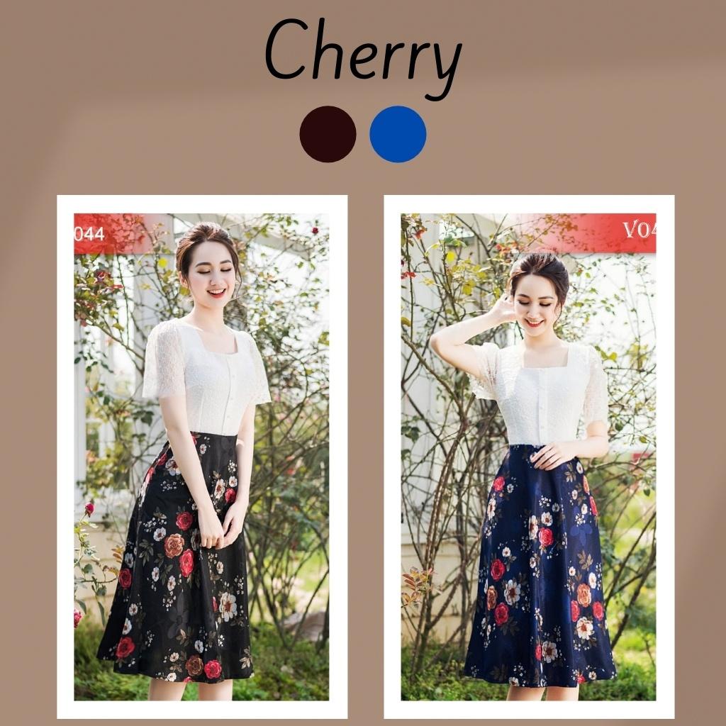 Váy hoa nhí công sở thiết kế liền thân chân váy dáng xòe, đầm nữ phối hoa đẹp Cherry Store V044