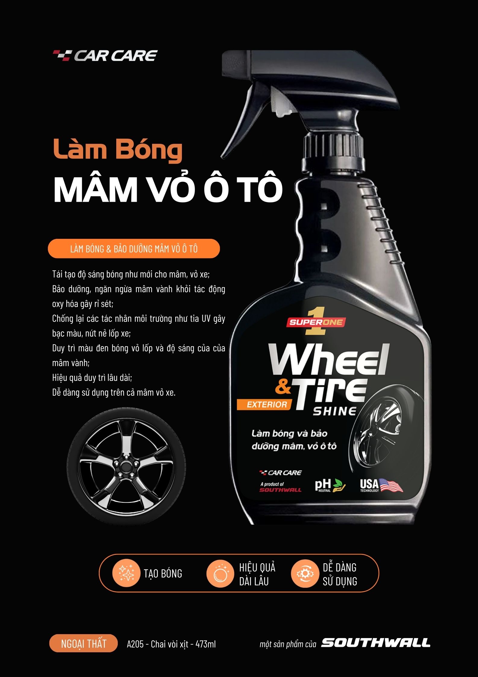 Dung Dịch Làm Bóng Mâm Và Vỏ Ô Tô SUPERONE  Wheel and Tire Shine - EXTERIOR SOUTHWALL A205
