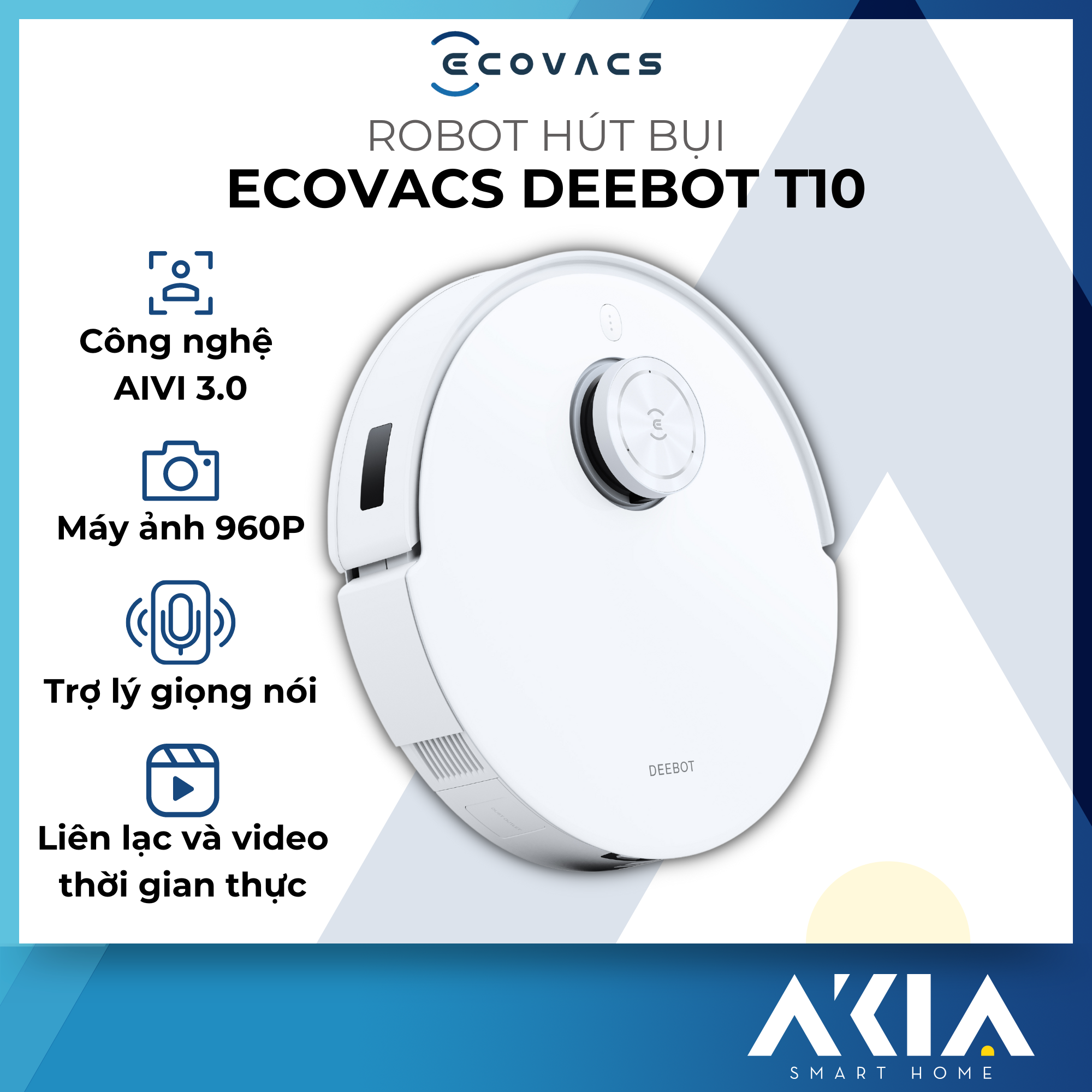 Robot hút bụi lau nhà thông minh Ecovacs Deebot T10 - Điều khiển giọng nói, gọi video theo thời gian thực, lực hút 3000 Pa, pin 5200 mAh - Bản Quốc tế - Hàng Chính hãng