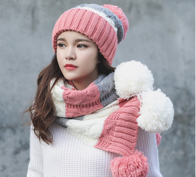 Bộ mũ len quả bông kèm khăn và găng tay lót nỉ phong cách Hàn, sét nón len cho nữ cao cấp