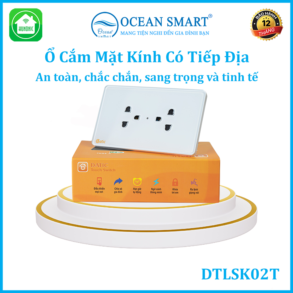 Ổ Cắm Mặt Kính Có Tiếp Địa Hunonic Datic, Ổ Cắm 3 Chấu 2 Ổ - DTLSK02