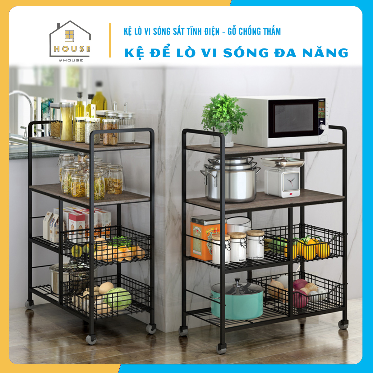 Kệ lò vi sóng đa năng 179-2 thương hiệu 9House kệ bếp để lò nướng nồi cơm điện kèm giá rổ để rau củ gia vị loại khung sắt dày sơn tĩnh điện chống rỉ mặt gỗ MDF lõi xanh chống ẩm bề mặt phủ melamine chống thấm cao cấp - Hàng chính hãng