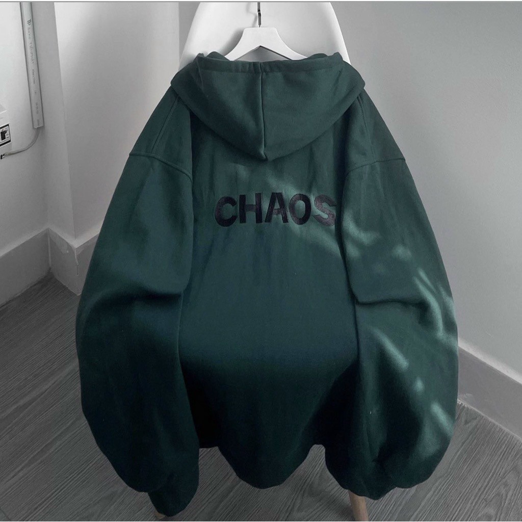 Áo khoác hoodie zip XANH RÊU form rộng nam nữ vải nỉ lót bông thêu chữ CHAOS, áo khoác chống nắng nỉ ngoại thời trang unisex ulzzang hàn quốc