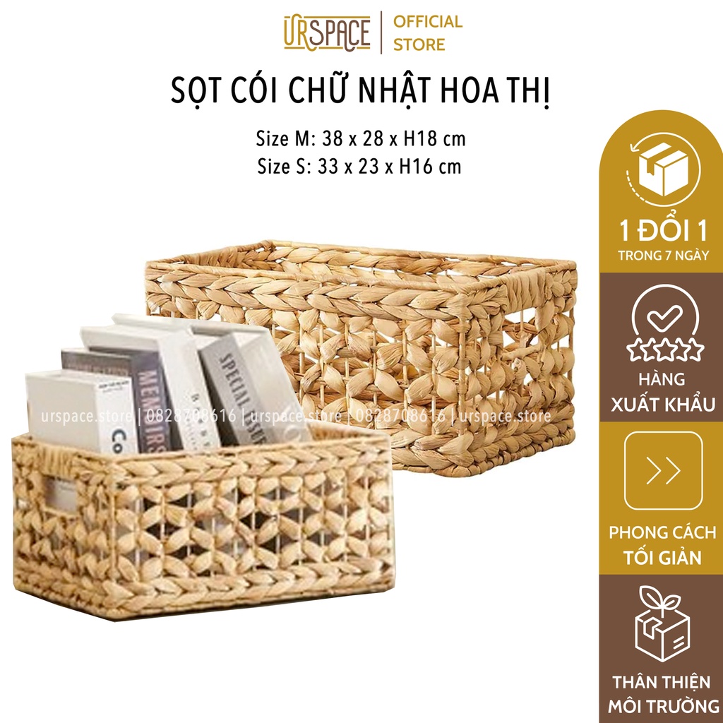 Giỏ cói hình chữ nhật đựng sách báo, đồ chơi trang trí decor Ur Space /  RECTANGLE HYACINTH BASKET, FLOWER WEAVE
