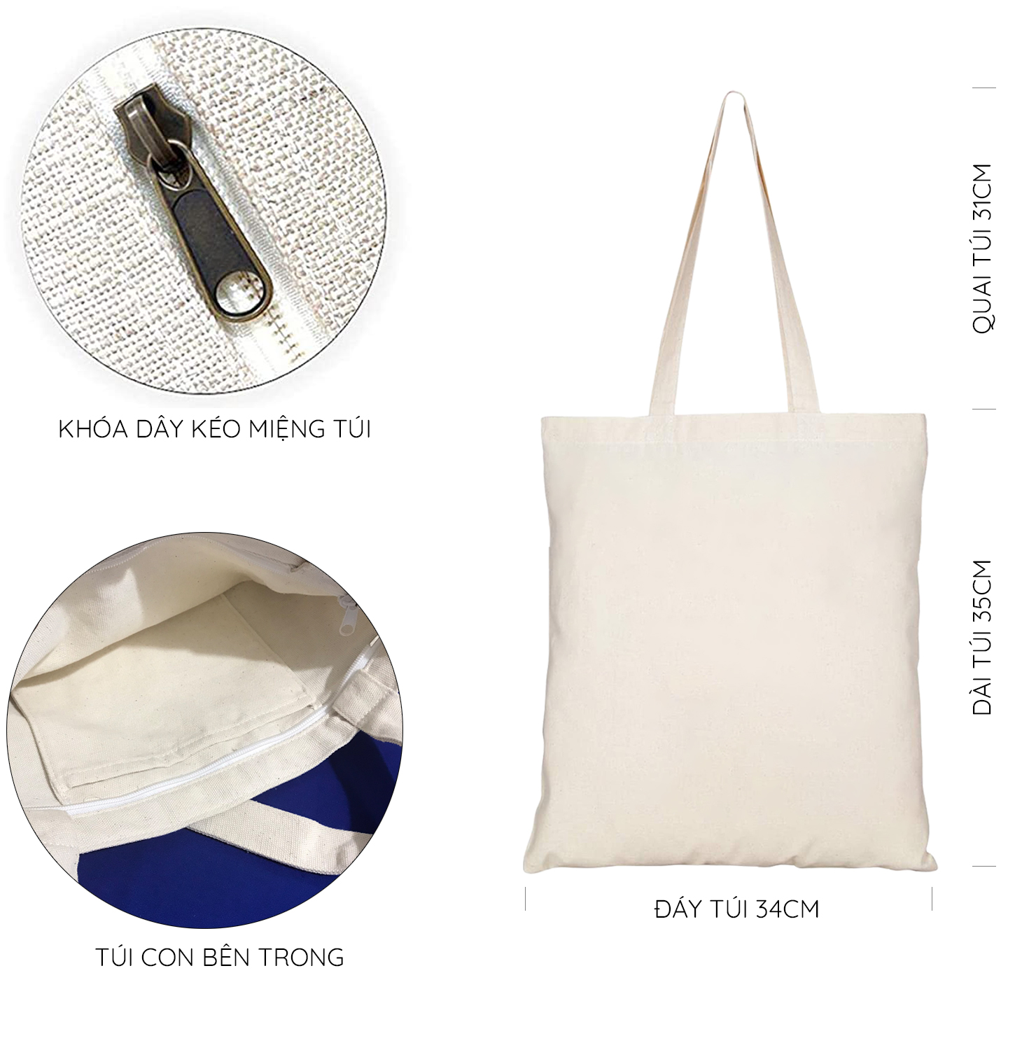 Túi Tote Vải Mộc Ginko kiểu basic có dây kéo khóa miệng túi( có túi con bên trong) đựng vừa laptop 14 inch và nhiều đồ dùng khác In Hình START TODAY WITH A GRATEFUL HEART M36