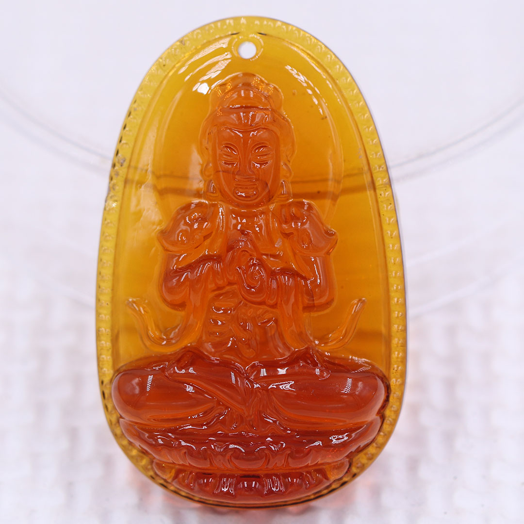 Mặt Phật Đại nhật như lai pha lê cam 1.9cm x 3cm  kèm vòng cổ dây da đen + móc inox vàng, Phật bản mệnh, mặt dây chuyền