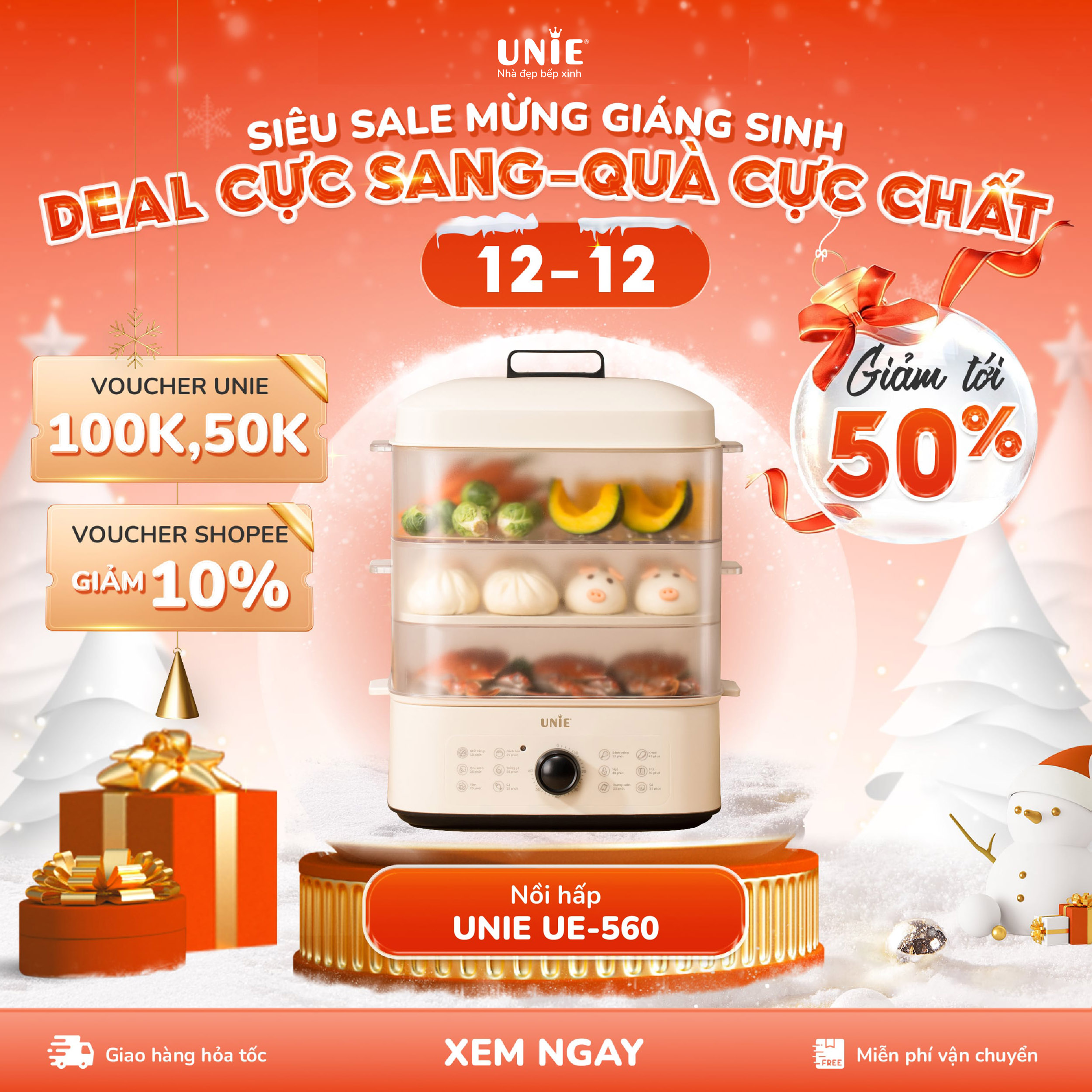 Nồi Hấp 3 Tầng Unie Ue560, Dung Tích 18L, Công Suất 850W, 12 Tính Năng Siêu Tiện Lợn, Thiết Kế Trang Nhã Cao Cấp, Dễ Vệ Sinh - Hàng Chính Hãng