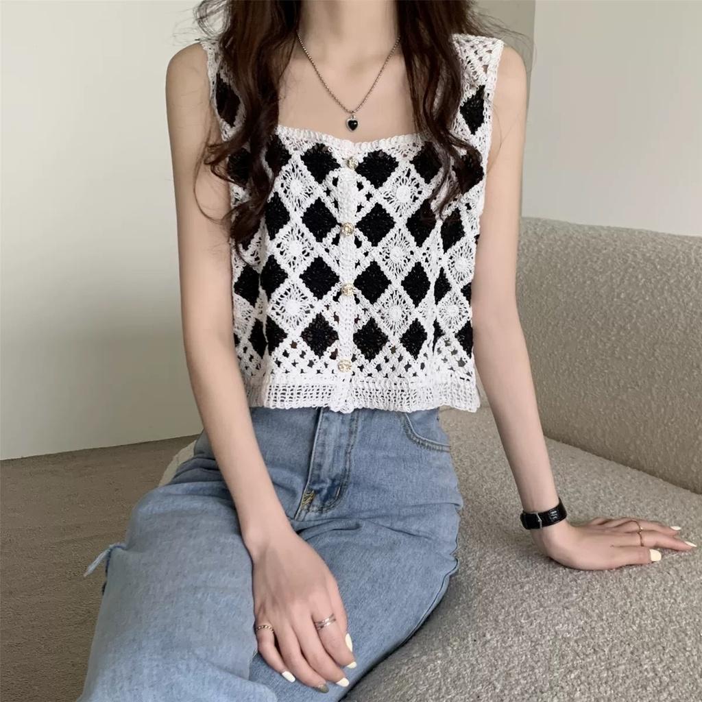 MS593 Áo hai dây kiểu nữ croptop đan móc hình trám