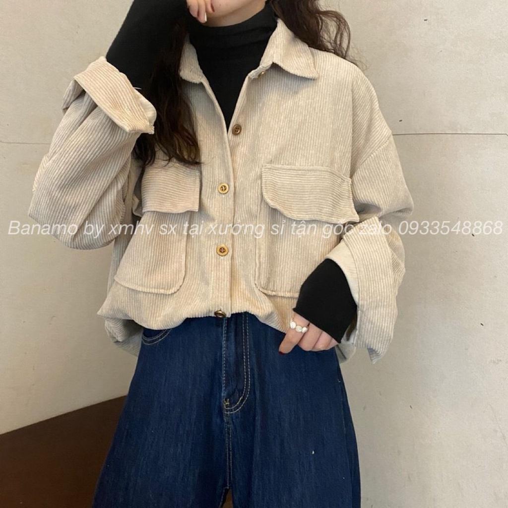 Áo sơ mi chất nhung tăm dáng rộng màu hồng kem đen nâu phong cách ulzzang thời trang Banamo Fashion 351