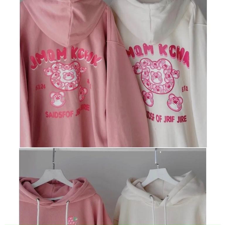 Áo khoác hoodie nữ chui đầu nỉ ngoại in tay phồng gấu dễ thương cutte