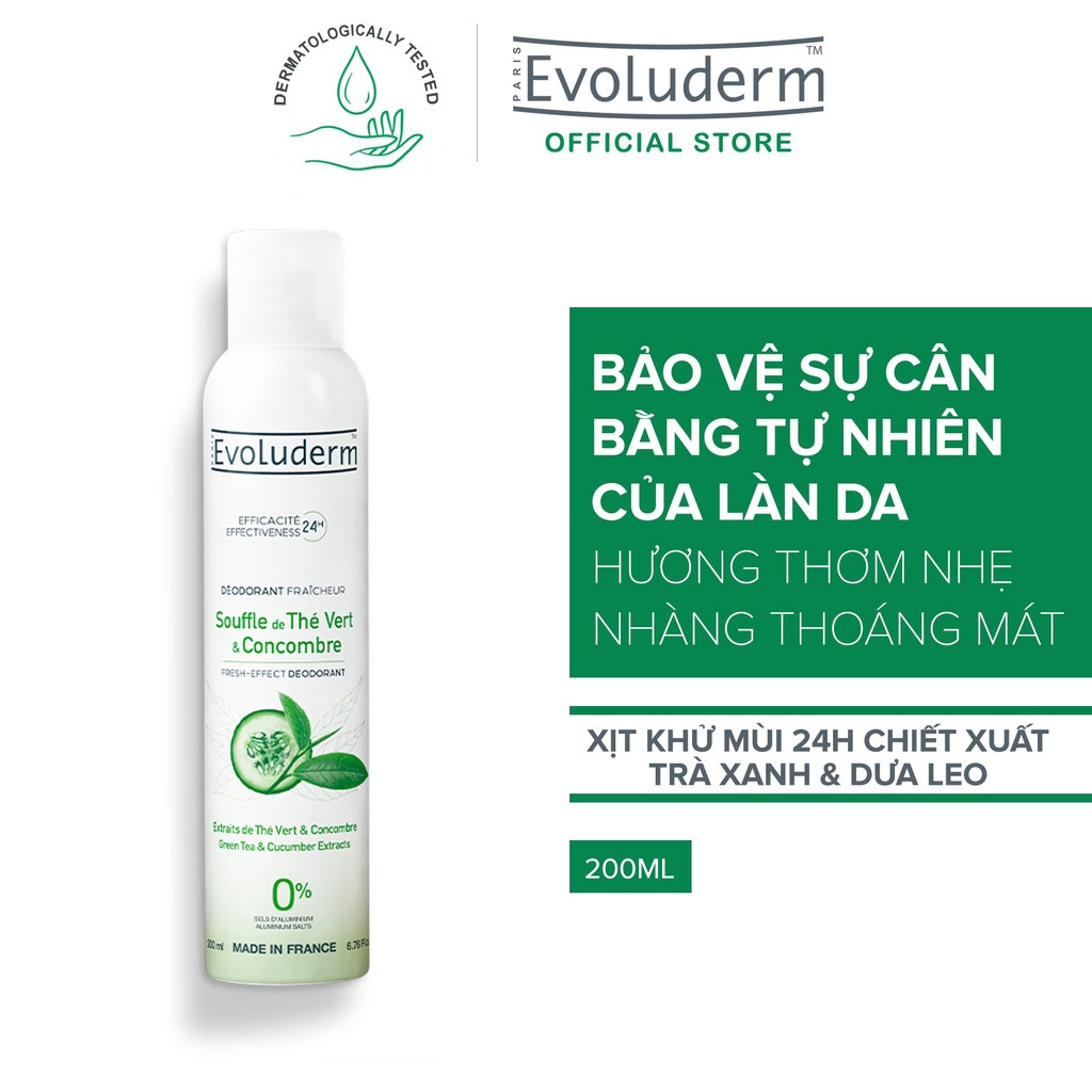 Xịt khử mùi toàn thân Evoluderm chiết xuất Trà Xanh và Dưa Leo ngăn khuẩn gây mùi suốt 24h - 200ml (20377)