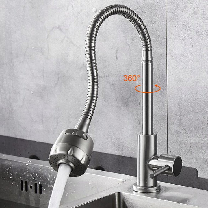 Bộ vòi bếp đơn lạnh Inox 304 xoay 360 độ ( bao gồm dây ) - Vòi lavabo bẻ cần