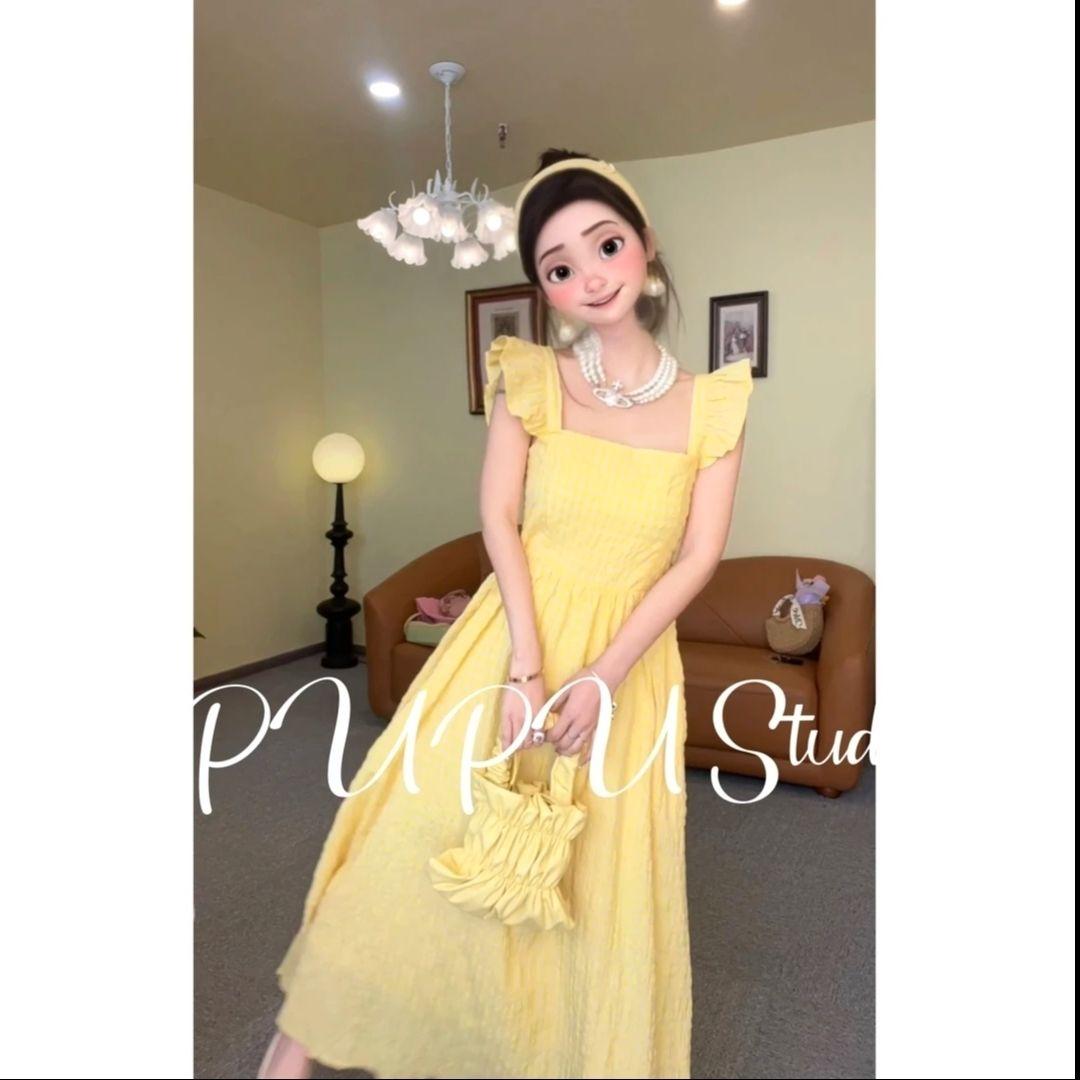 CHENGRUI 2023 Mùa hè Pháp Vintage kiểm tra Flying Sleeve Sling Dress Pleated thắt lưng hiển thị gầy Square Neck Dress cho phụ nữ