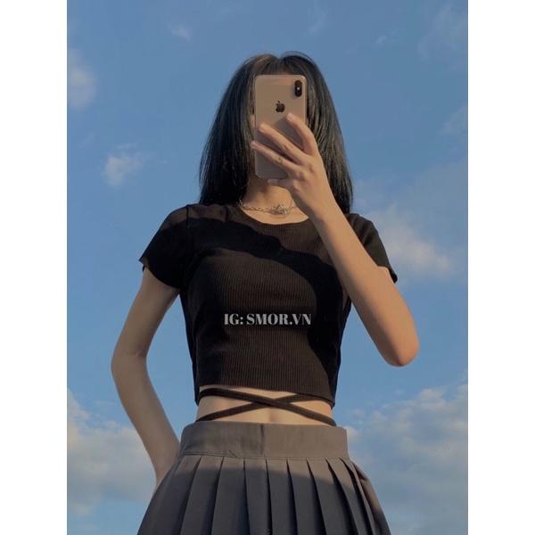 Áo croptop tay ngắn, đan dây eo