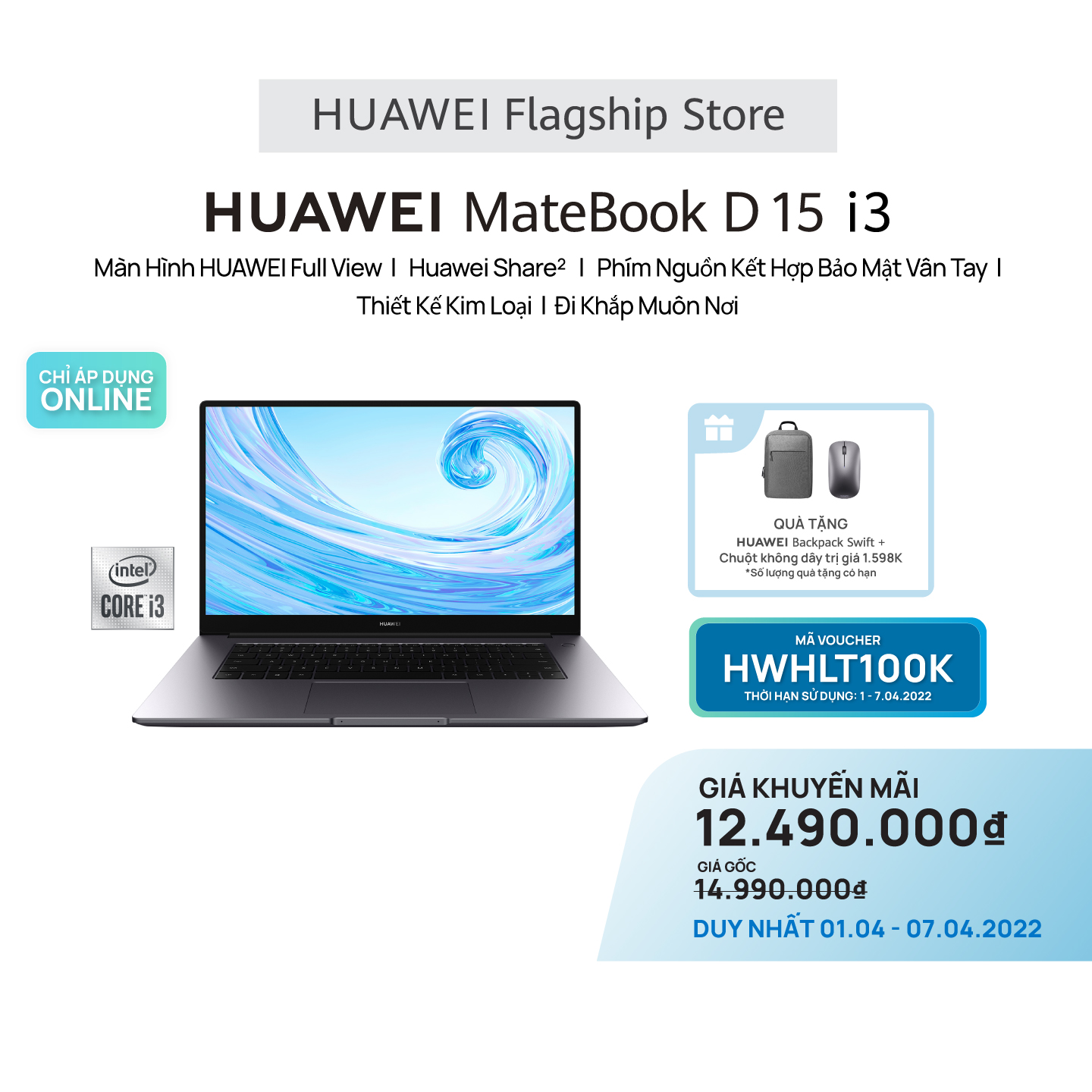 Máy Tính Xách Tay Laptop Huawei Matebook D15 (8GB/256GB) Share | Màn Hình HUAWEI Fullview | | HUAWEI Phím Nguồn Kết Hợp Bảo Mật Vân Tay | Hàng Chính Hãng