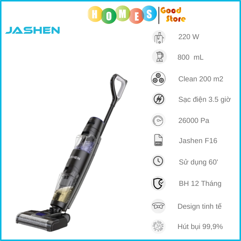 Máy Hút Bụi Không Dây, Máy Hút Bụi Lau Sàn JASHEN F16 Khử Khuẩn Tia UV Công Nghệ Giặt Giẻ Lau Nhà Tự Động, Thời Gian Làm Việc 60 Phút, Công Suất 50W - Hàng Chính Hãng