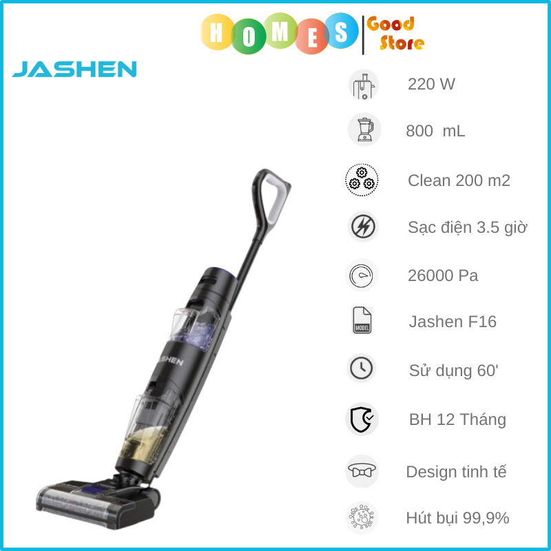 Máy Hút Bụi Lau Sàn JASHEN F16 - Thương Hiệu Mỹ Khử Khuẩn Tia UV Công Nghệ Giặt Giẻ Lau Nhà Tự Động, Thời Gian Làm Việc 60 Phút, Công Suất 50W - Hàng Chính Hãng